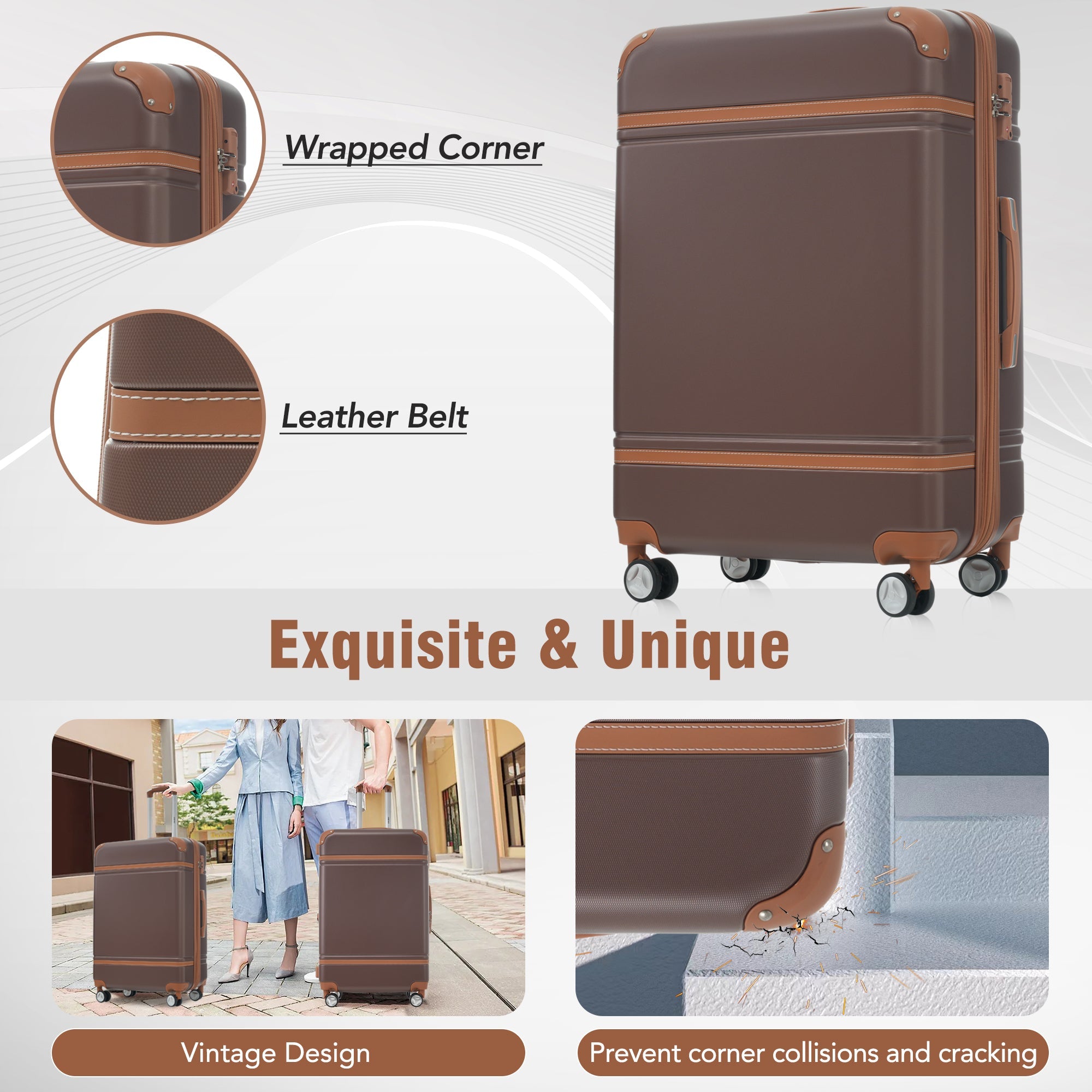 Brown Hardshell Luggage Set and Cosmetic Case Spinner Suitcase with TSA Lock 