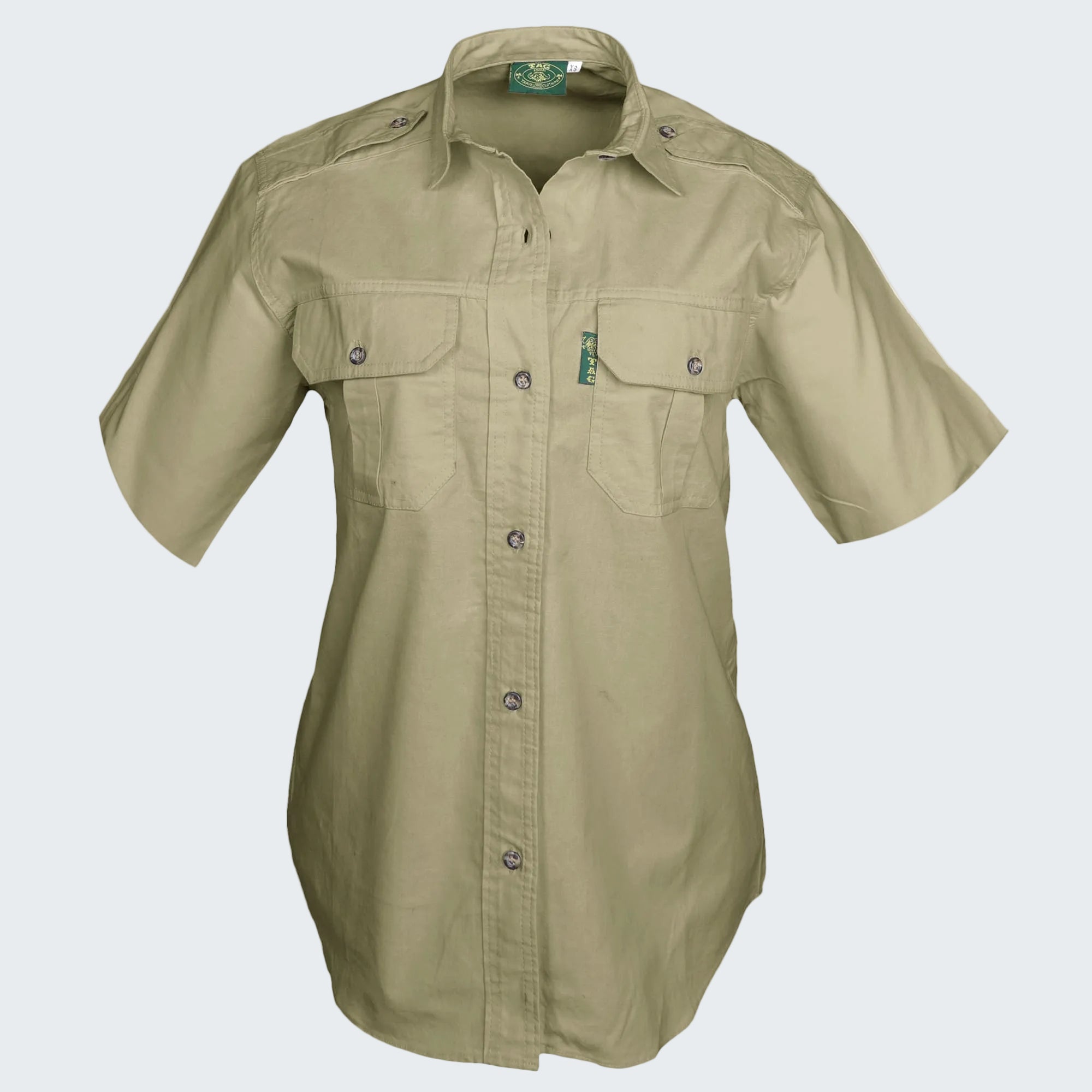 Khaki short-sleeve shirt with button details on a white background