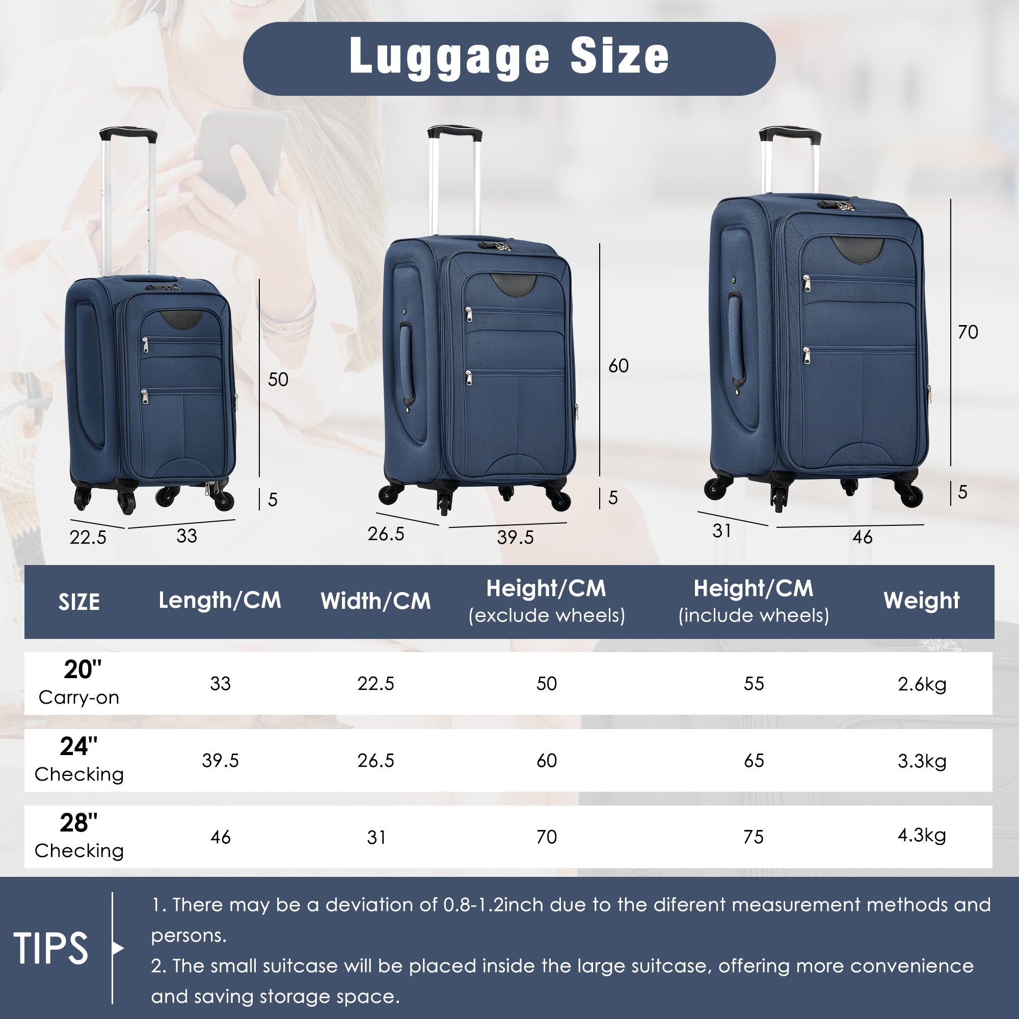 Navy Softside Luggage Expandable Three Piece Set