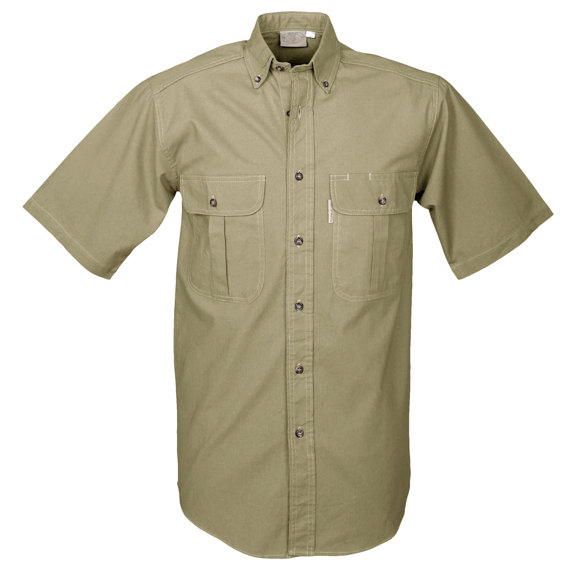Khaki short-sleeve shirt with two front pockets on a white background