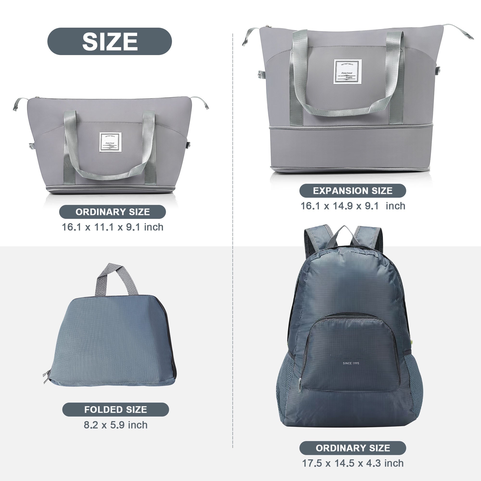 Gray Five Piece Luggage Set with Expandable Duffel Bag & Foldable Backpack