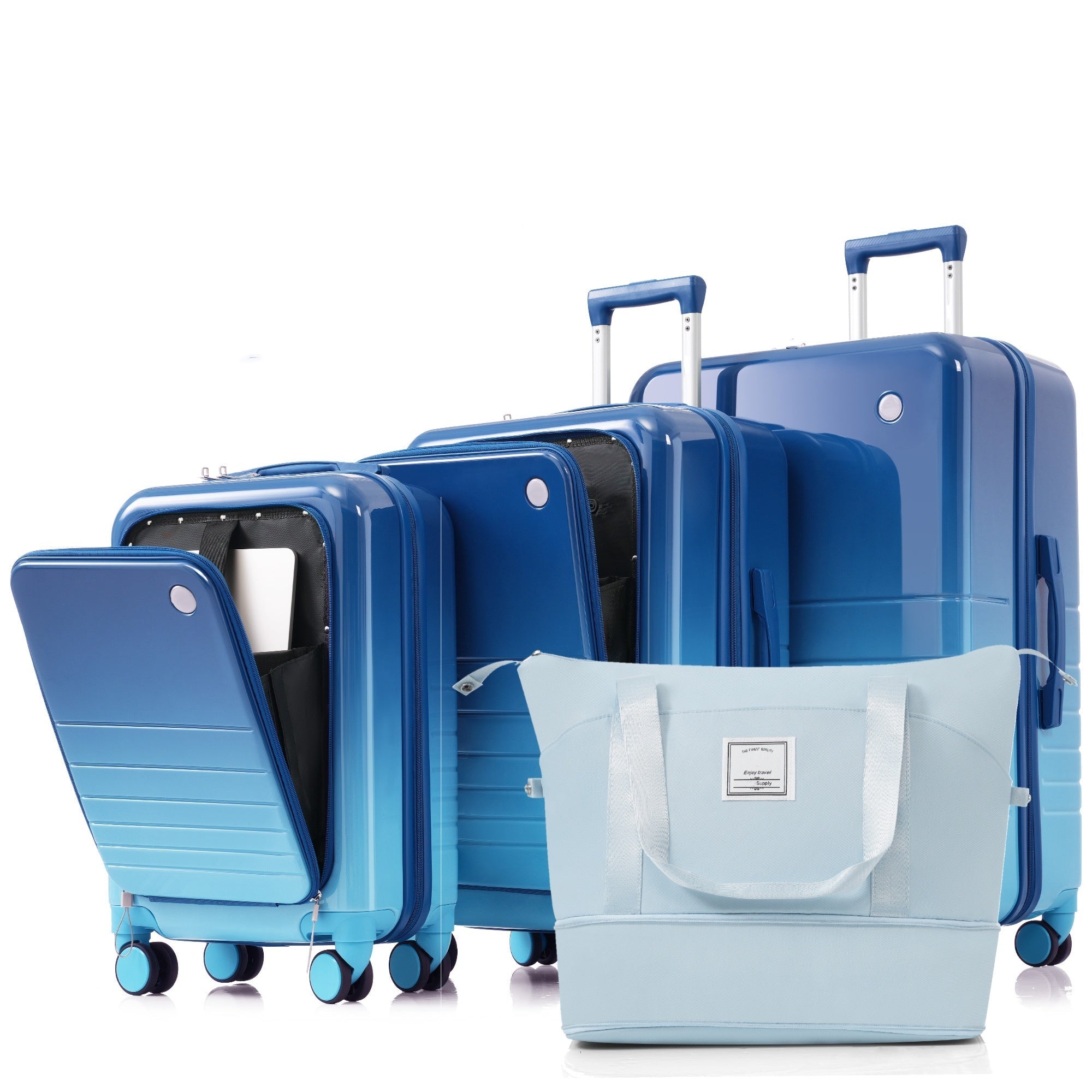 Blue Set of Four with USB Port with Open Front and Travel Bag