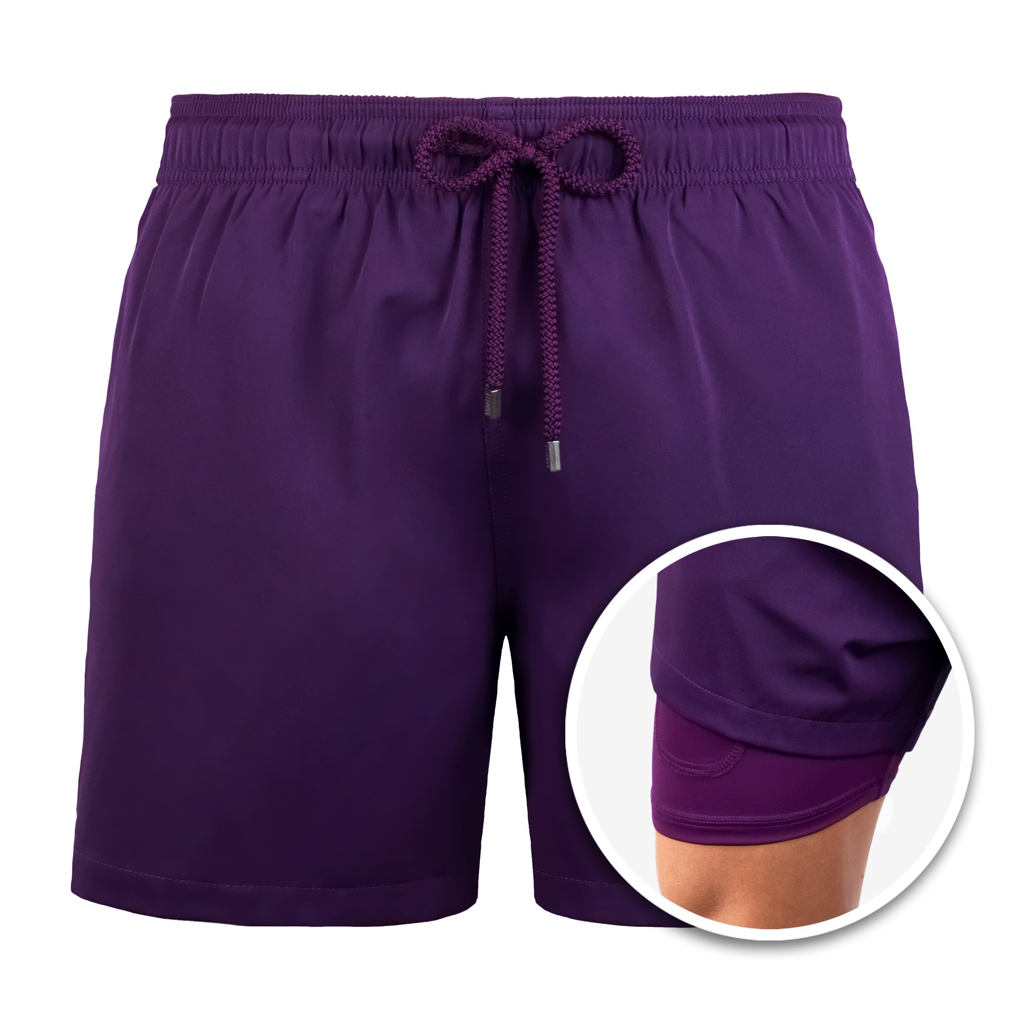 Purple shorts with drawstring and additional pocket detail on a white background