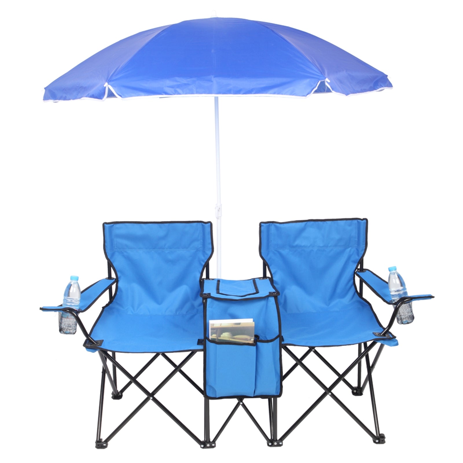 Portable Outdoor Two-Seat Folding Chair with Removable Sun Umbrella