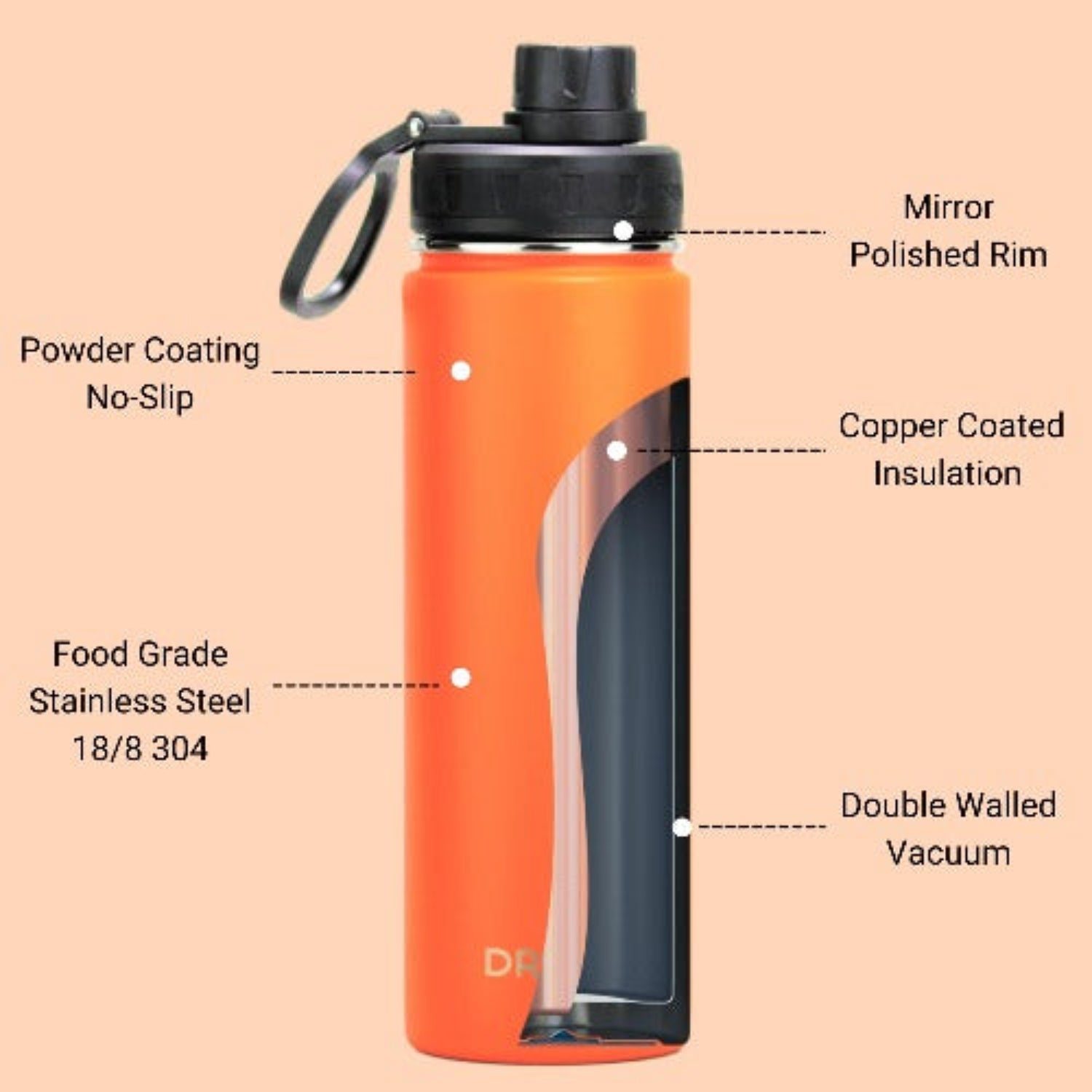 DRINCO® 22oz Stainless Steel Sport Water Bottle - Orange