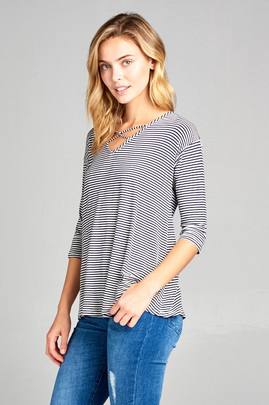 Stripe Jersey Lace Up Neck Top