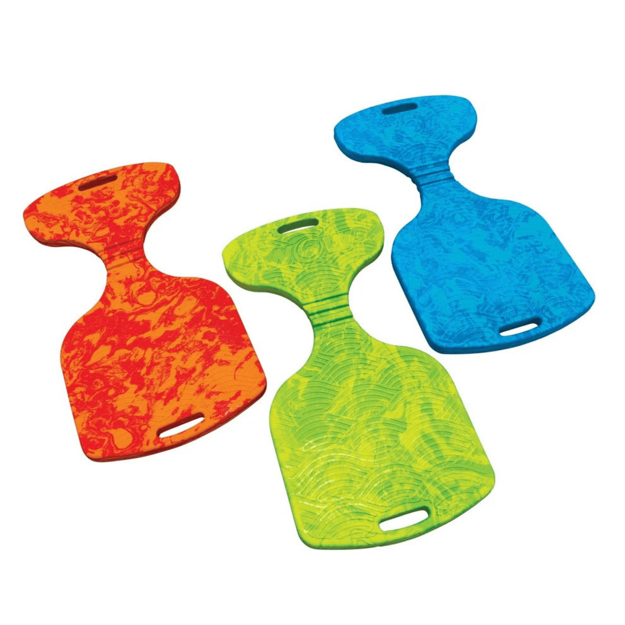 Three colorful plastic paddles in red, green, and blue on a white background
