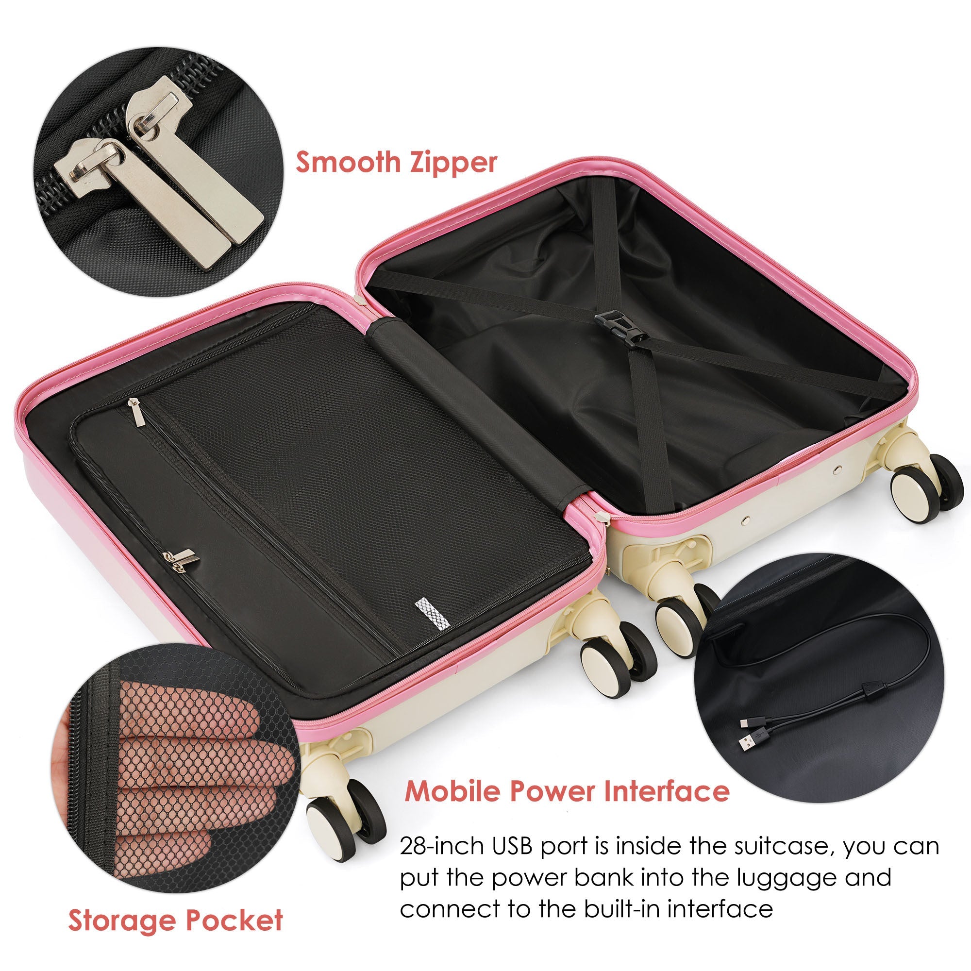 Three Piece Pink Luggage Set with USB Port