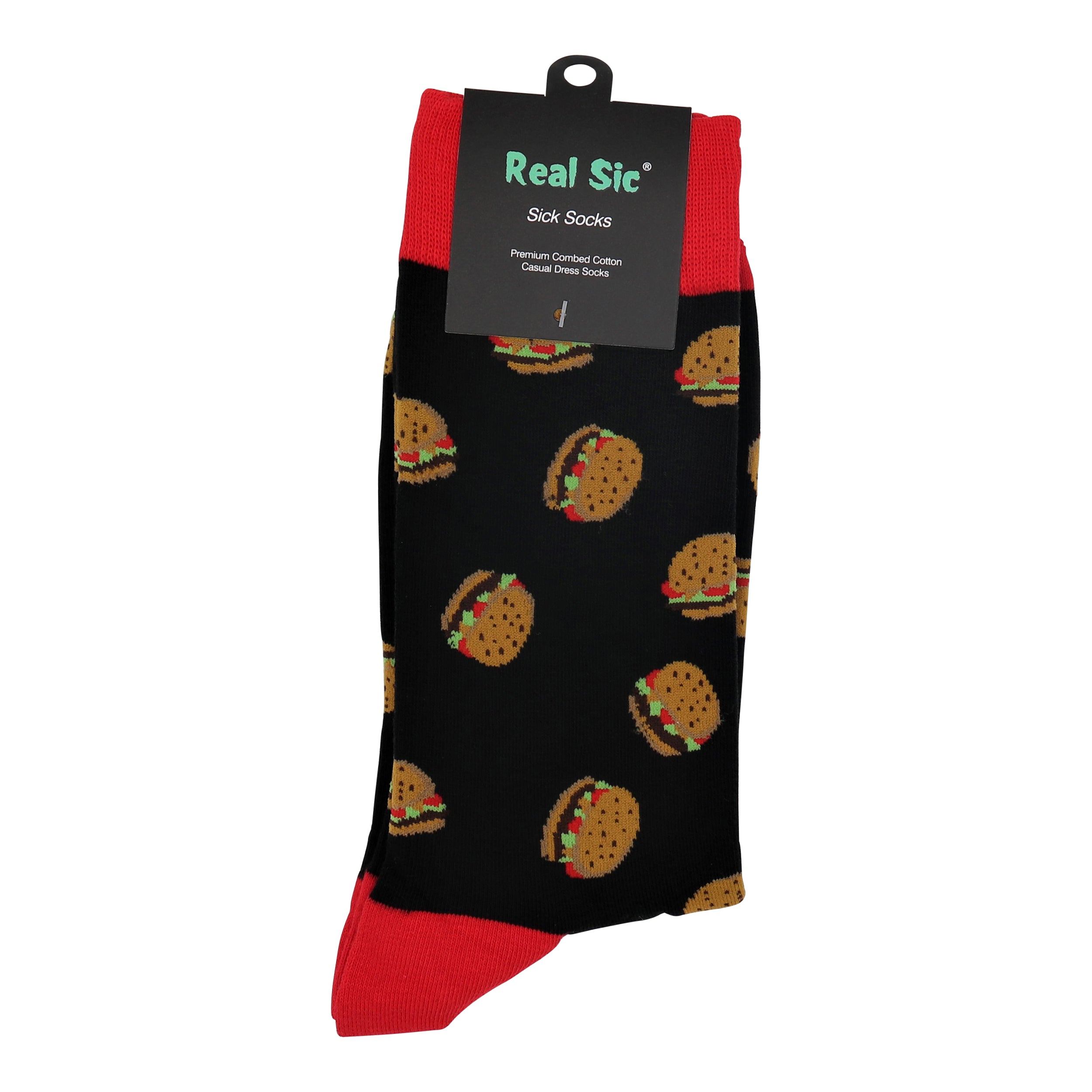 Socks with hamburger pattern and 'Real Sic' label on a white background