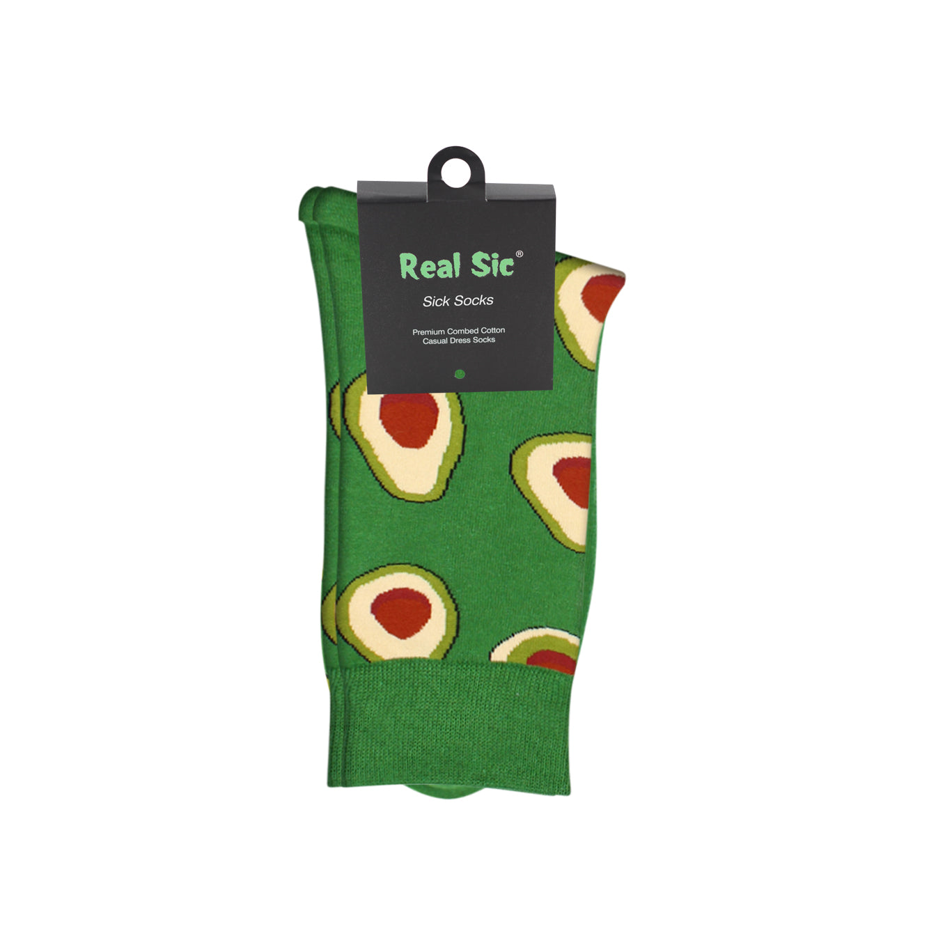 Green socks with avocado pattern on a white background, featuring 'Real Sic' brand.