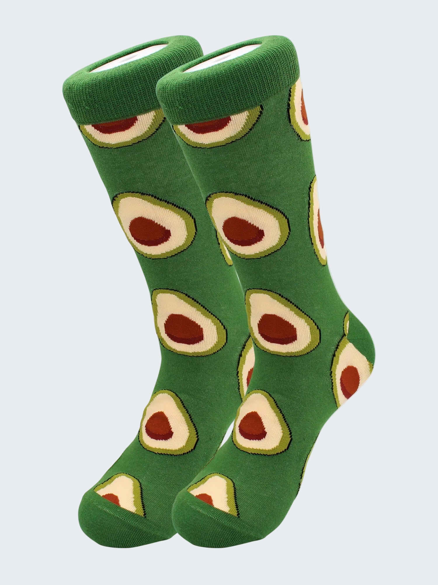 Green socks with avocado pattern on a white background