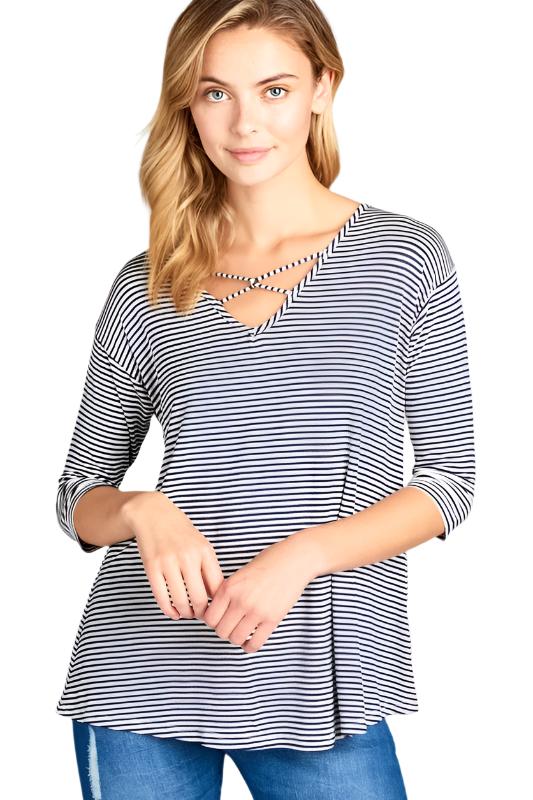 Stripe Jersey Lace Up Neck Top