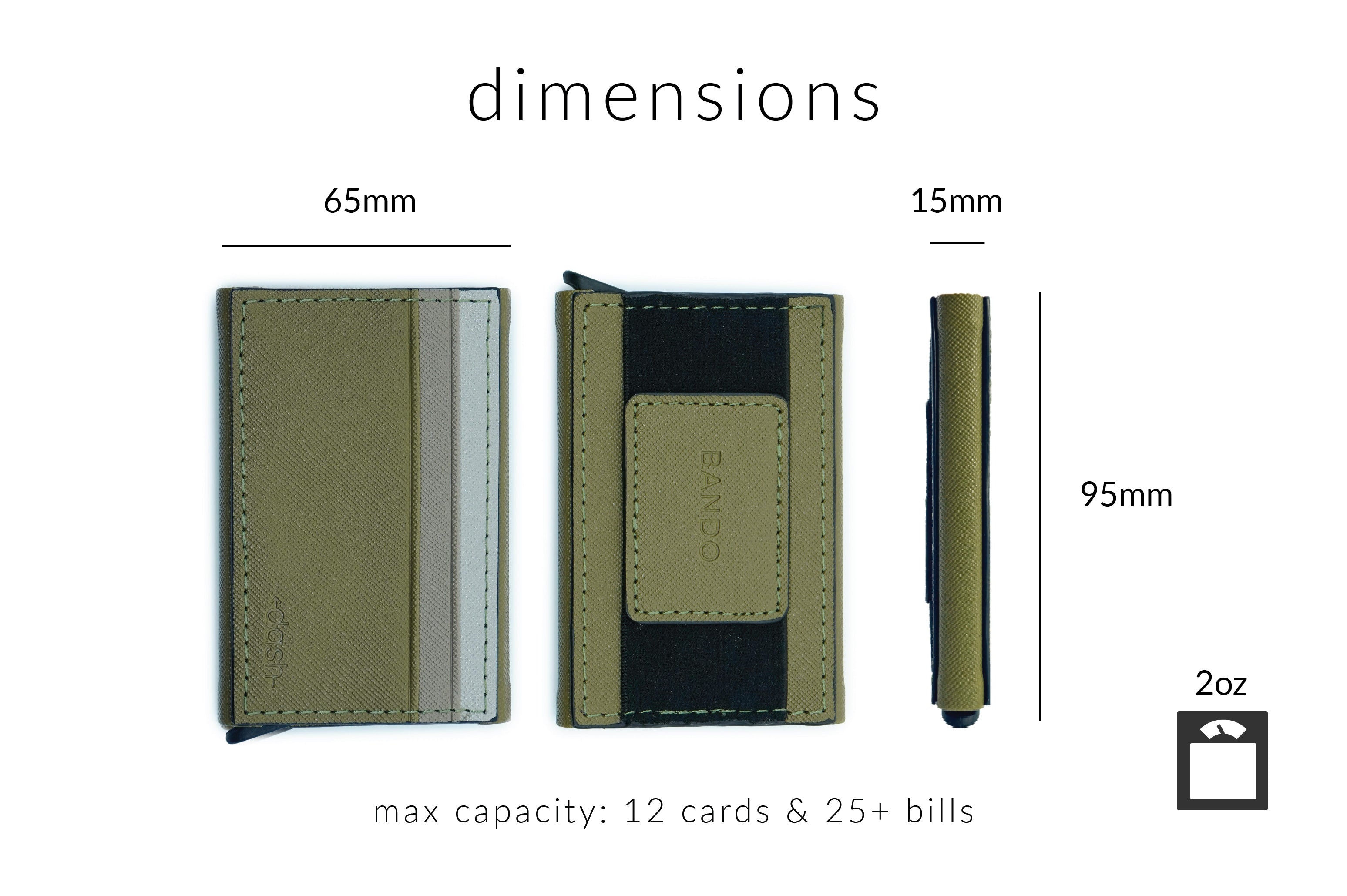 Dimensions of a wallet with measurements and capacity details on a white background