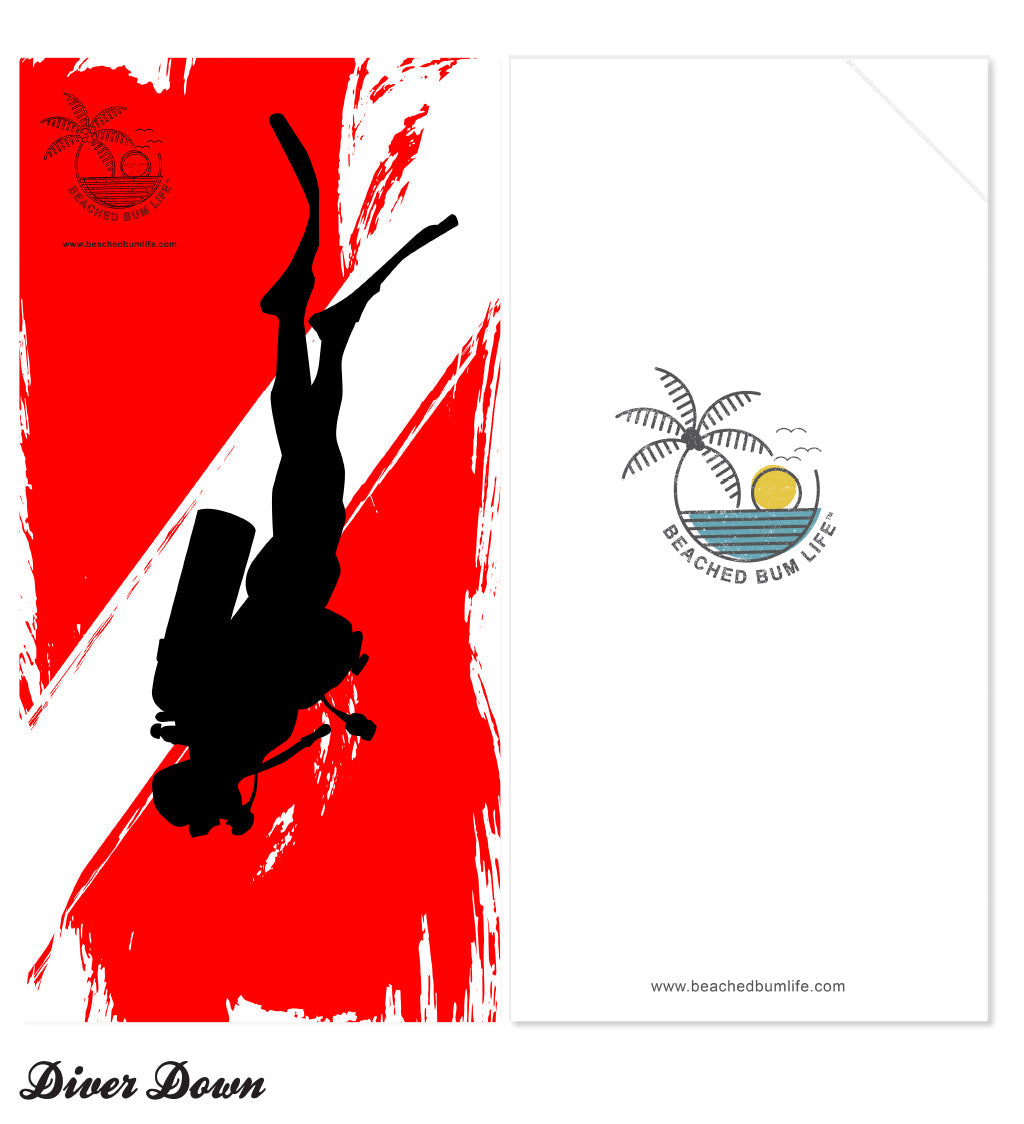 Diver silhouette against a red background with 'Beached Bum Life' logo.