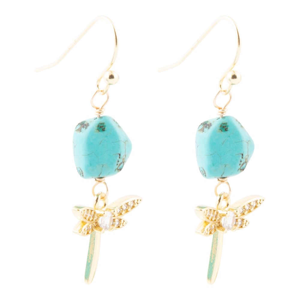 Turquoise bead earrings with gold accents on a white background