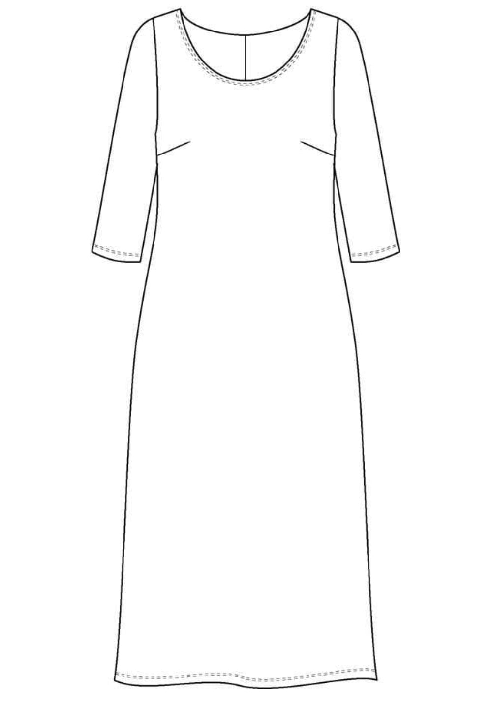 Line drawing of a long dress with sleeves on a white background