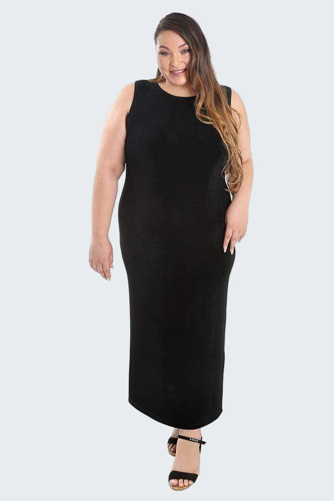 Woman wearing a black sleeveless dress on a white background
