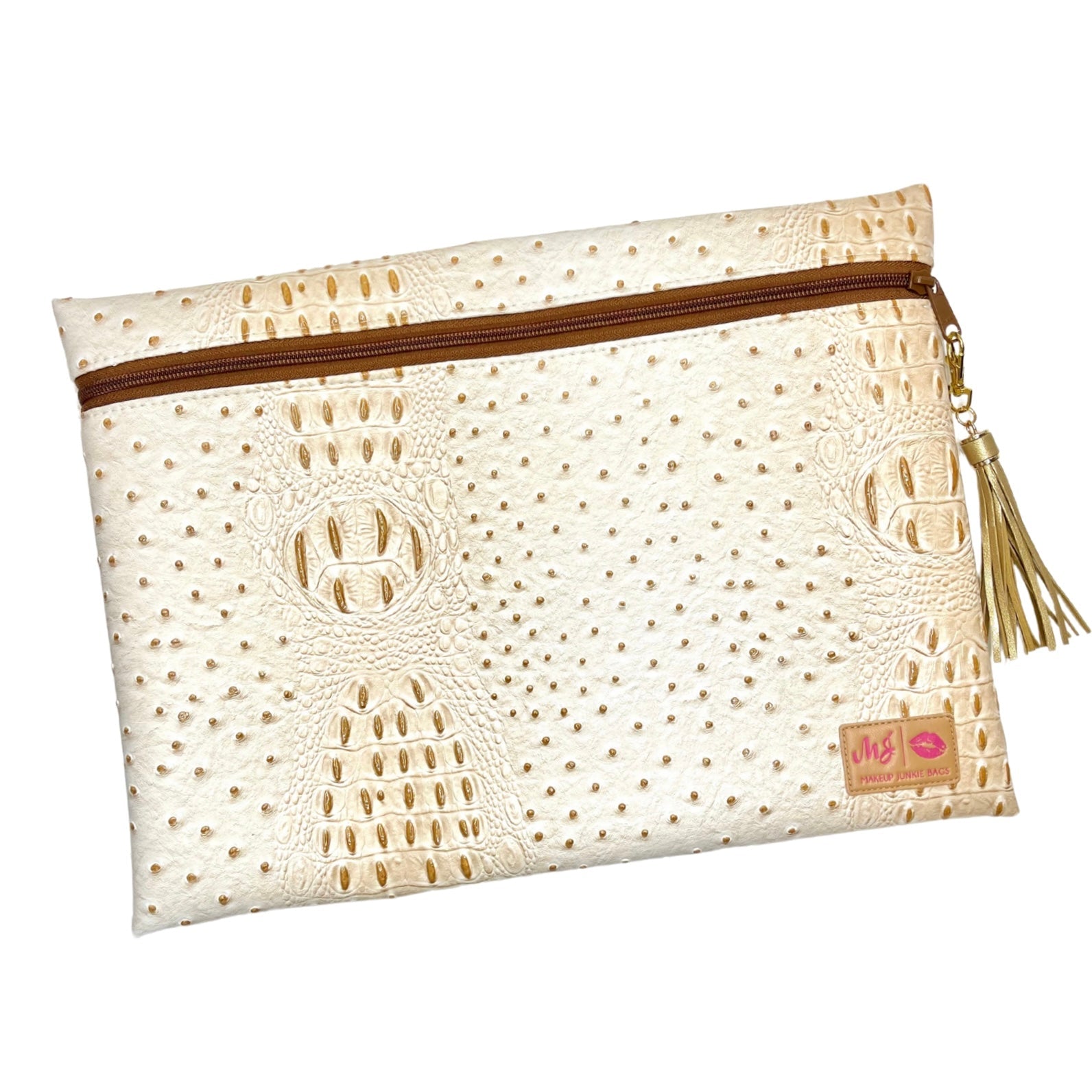 Beige pouch with brown zipper and tassel on a white background