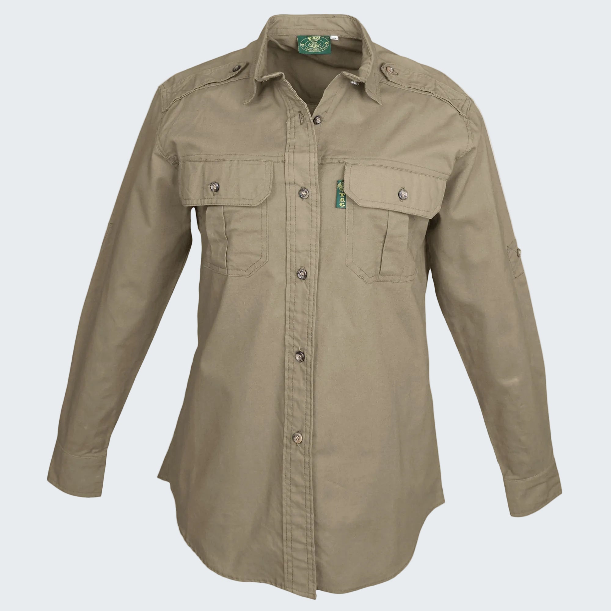 Beige shirt with button details on a white background