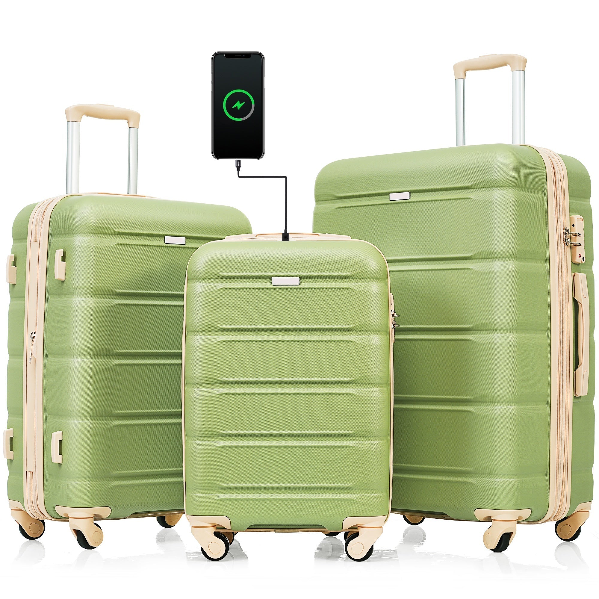 Green Airline Certified Carry-on Luggage Set with USB Port