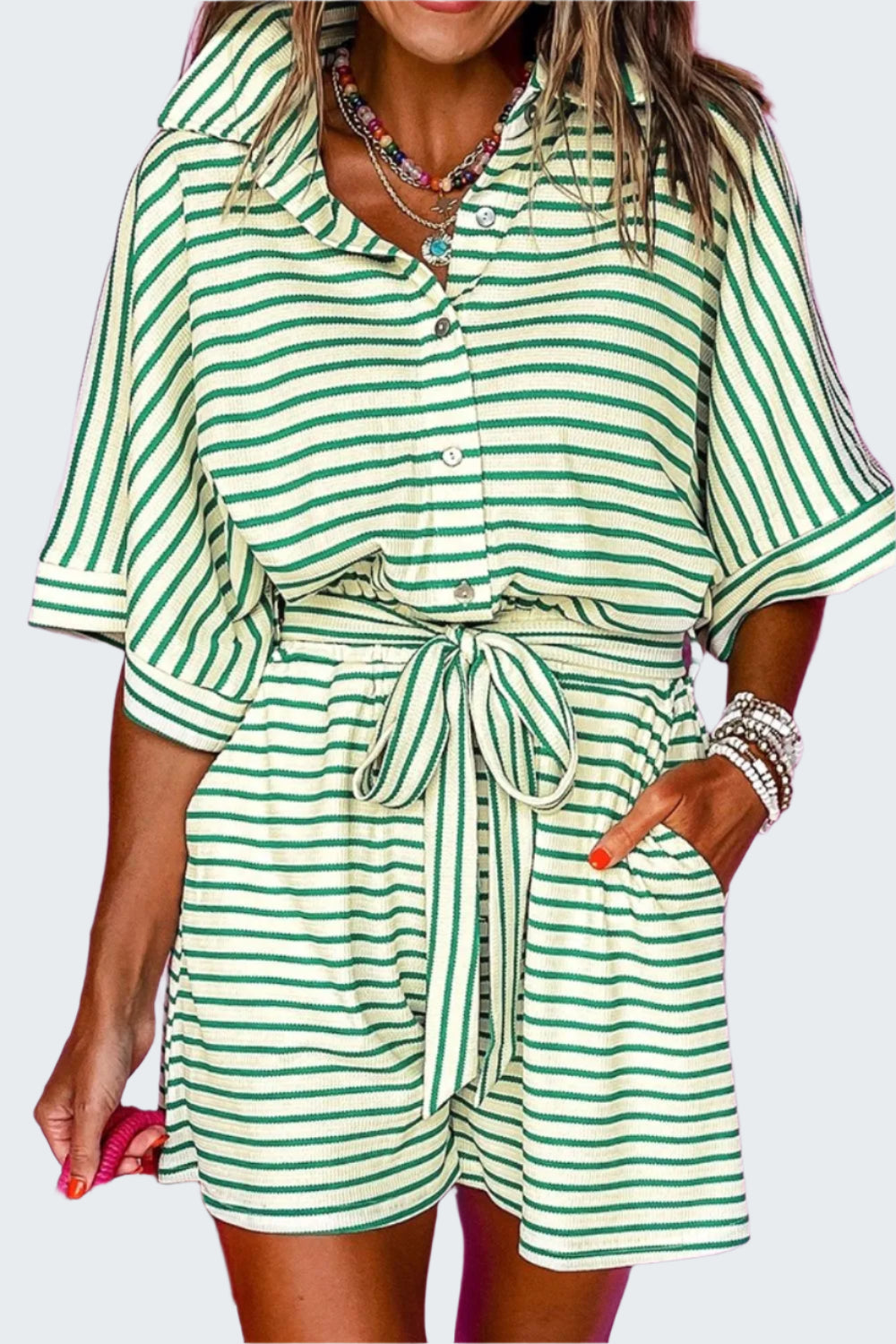 Striped Half Sleeve Tie Waist Romper