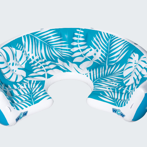 Inflatable pool seat with tropical leaf pattern on a white background
