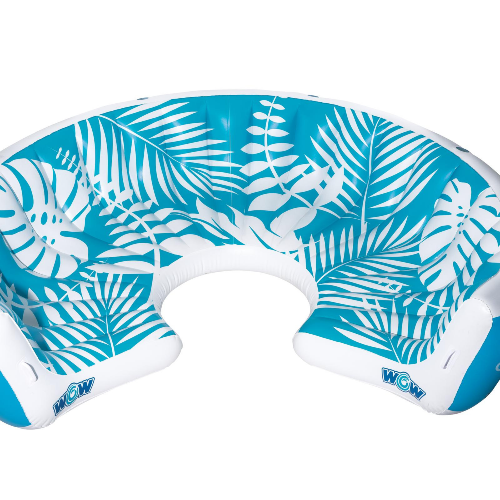 Inflatable pool seat with tropical leaf pattern on a white background