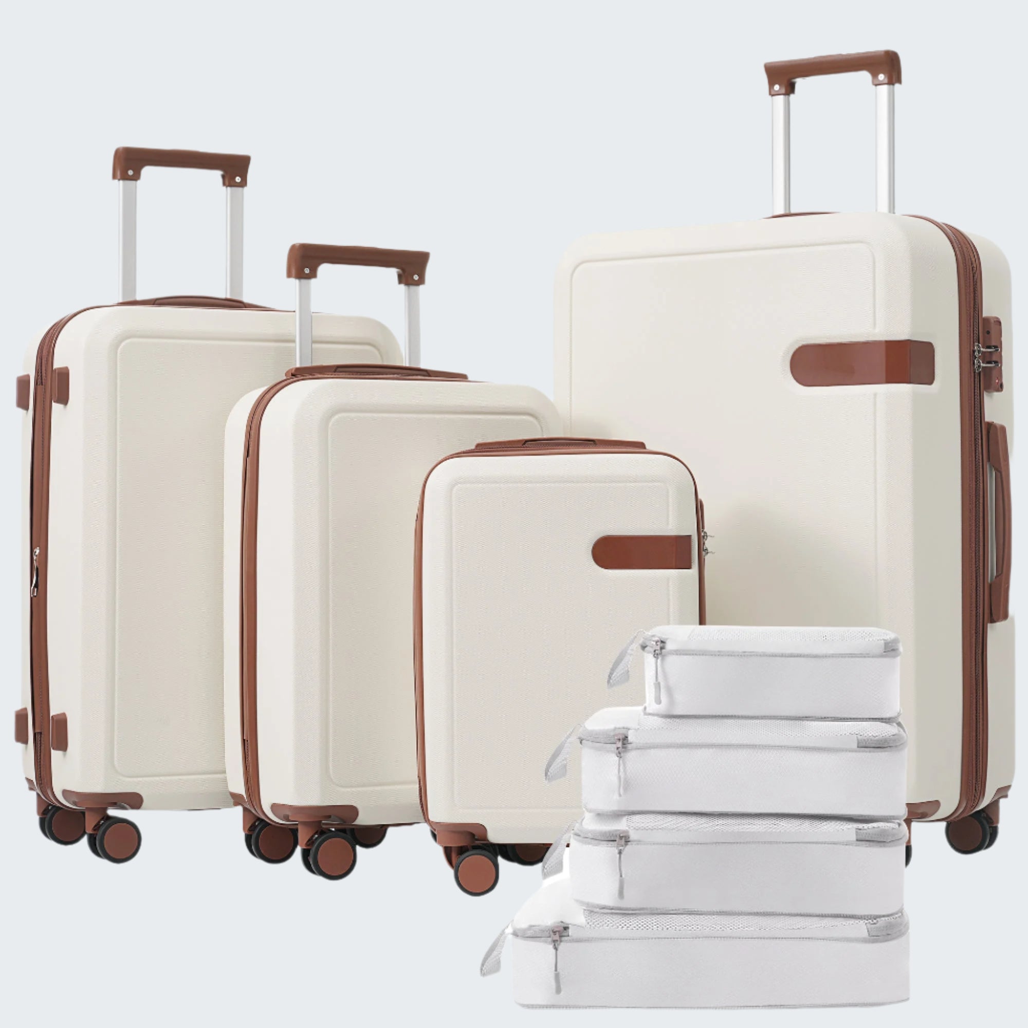 A set of four beige and brown Expandable Spinner suitcases with compression packing cubes, featuring quad smooth-glide base 360 degree swivel spinner wheels and a built-in expandable feature.