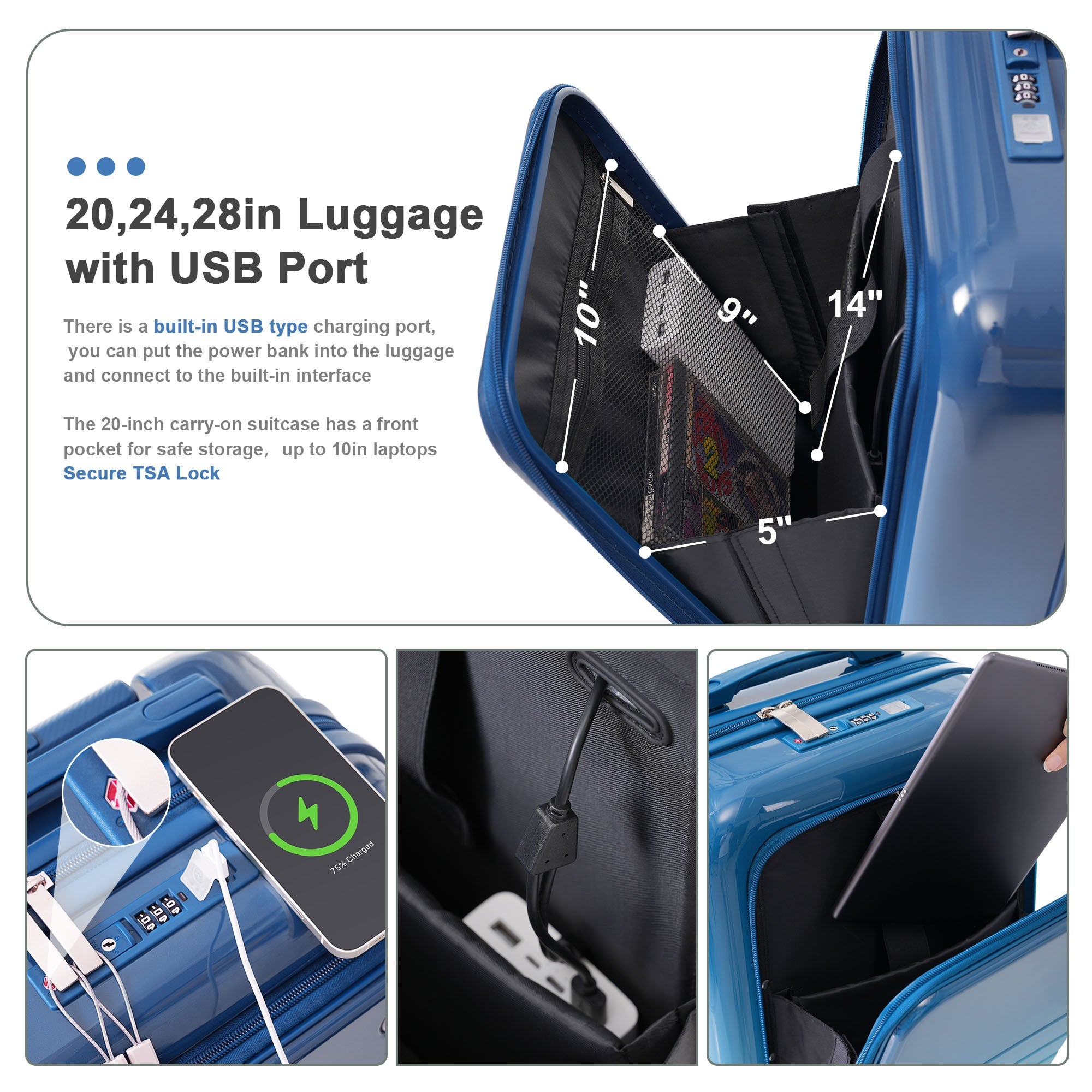 Blue Set of Four with USB Port with Open Front and Travel Bag