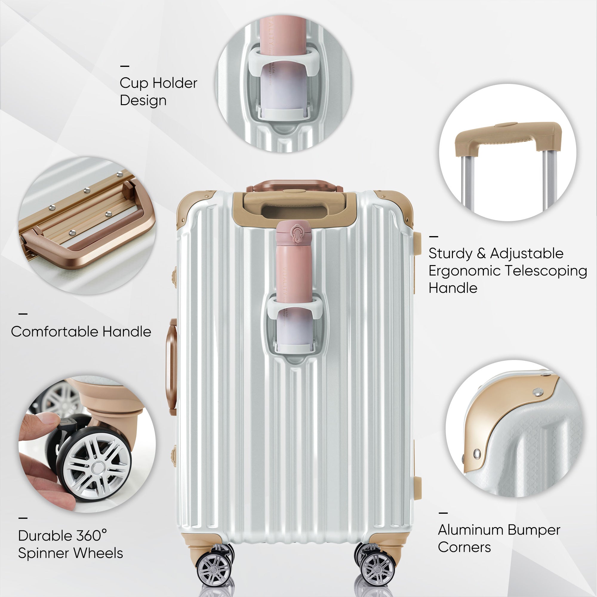 White Aluminum Frame Luggage with USB Port Carry-On Suitcase