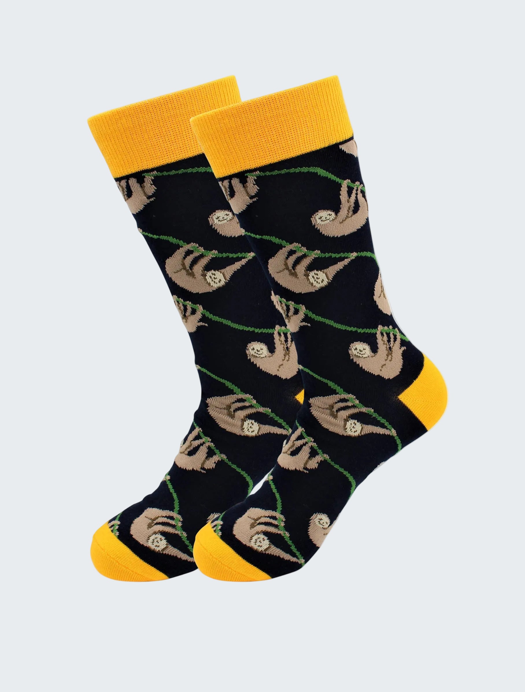 Socks with sloth pattern on a black background with yellow accents