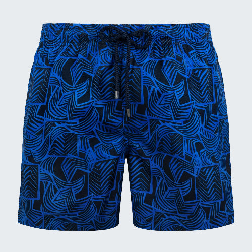 Blue patterned shorts on a white background