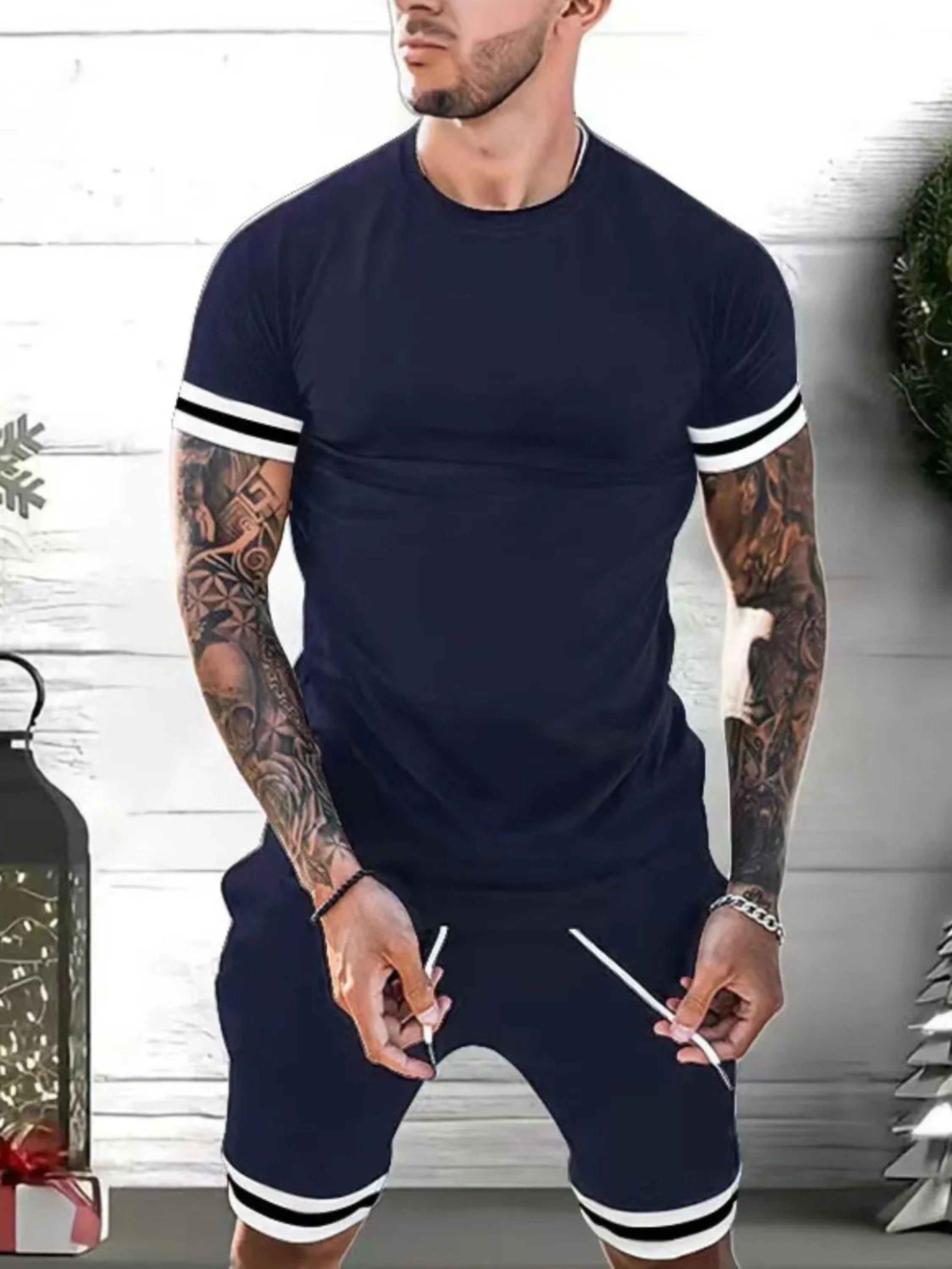 Men's Round Neck Short Sleeve Top and Shorts Set