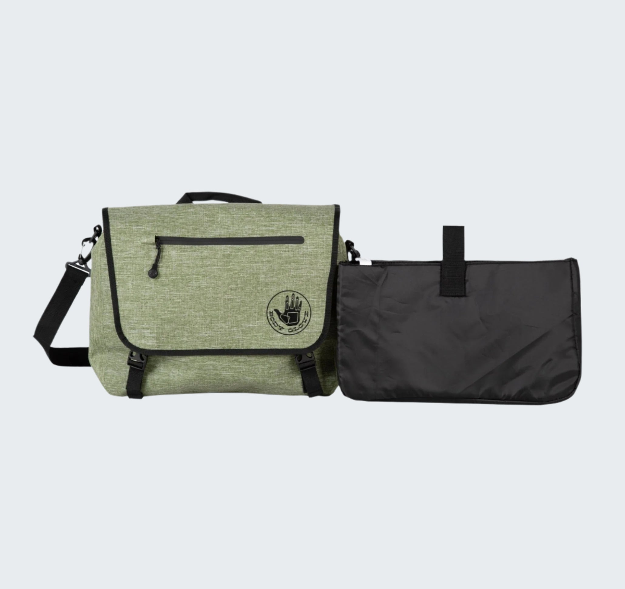 Green and black bags on a white background