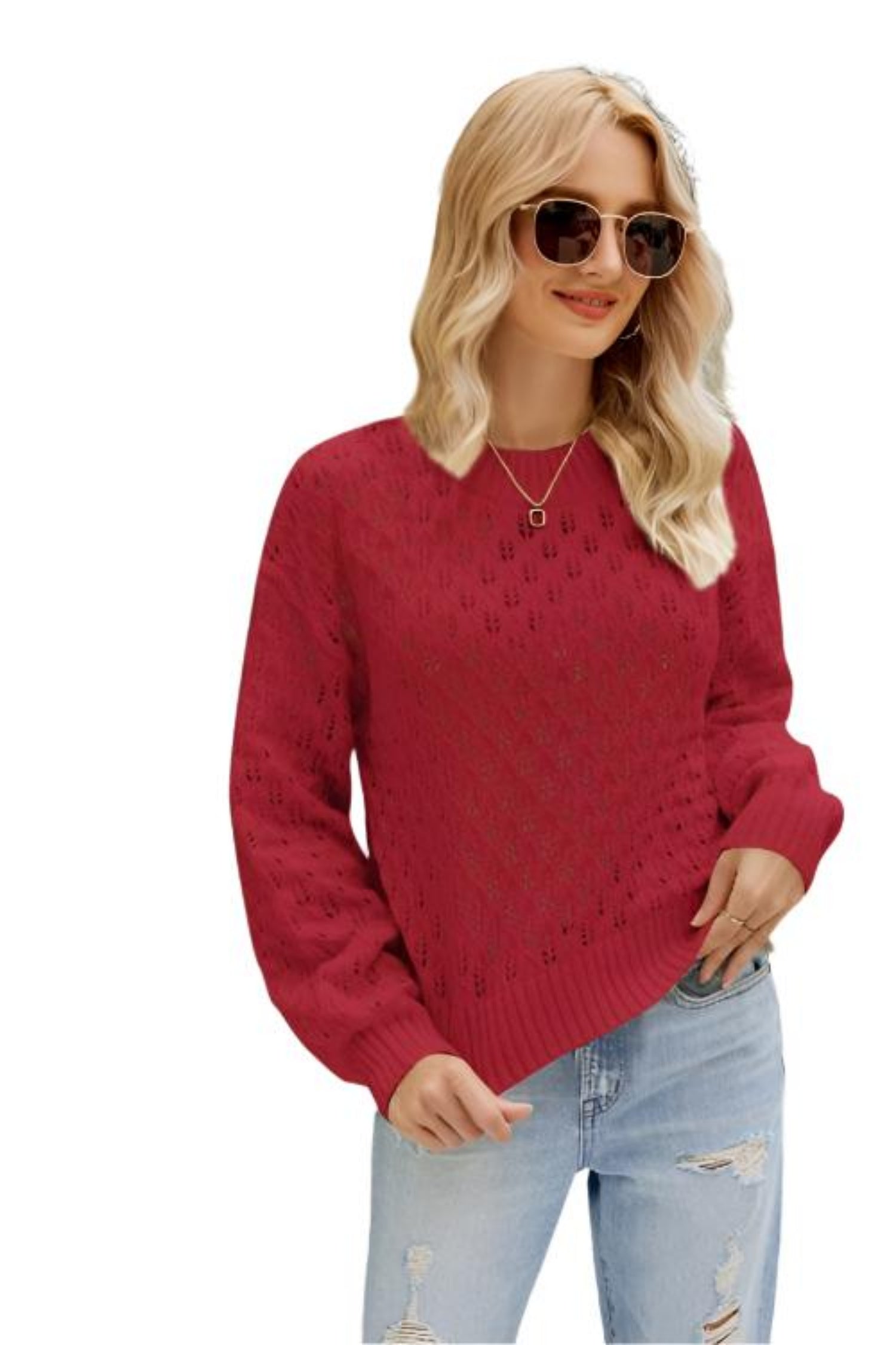 Ribbed Trim Openwork Crewneck Sweater