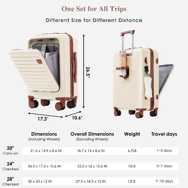 Luggage Set of 3, 20, 24, 28inch with USB Port, 20, 24inch with front