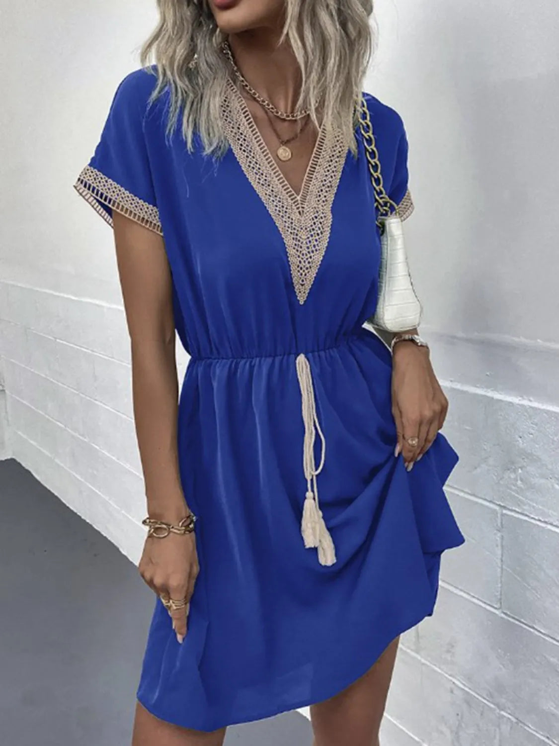 Full Size Tassel V-Neck Short Sleeve Dress