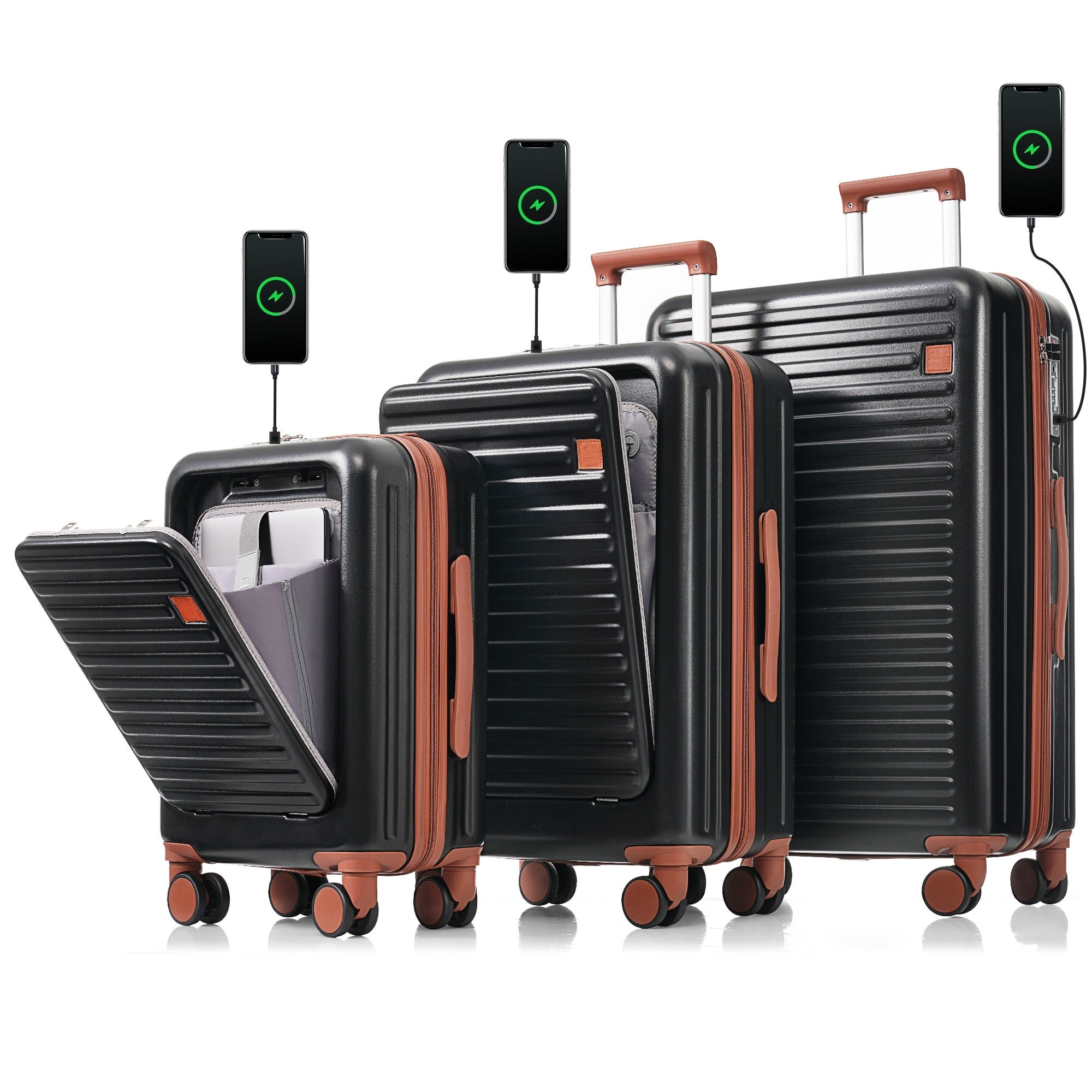 Luggage Set of 3, 20, 24, 28inch with USB Port, 20, 24inch with front