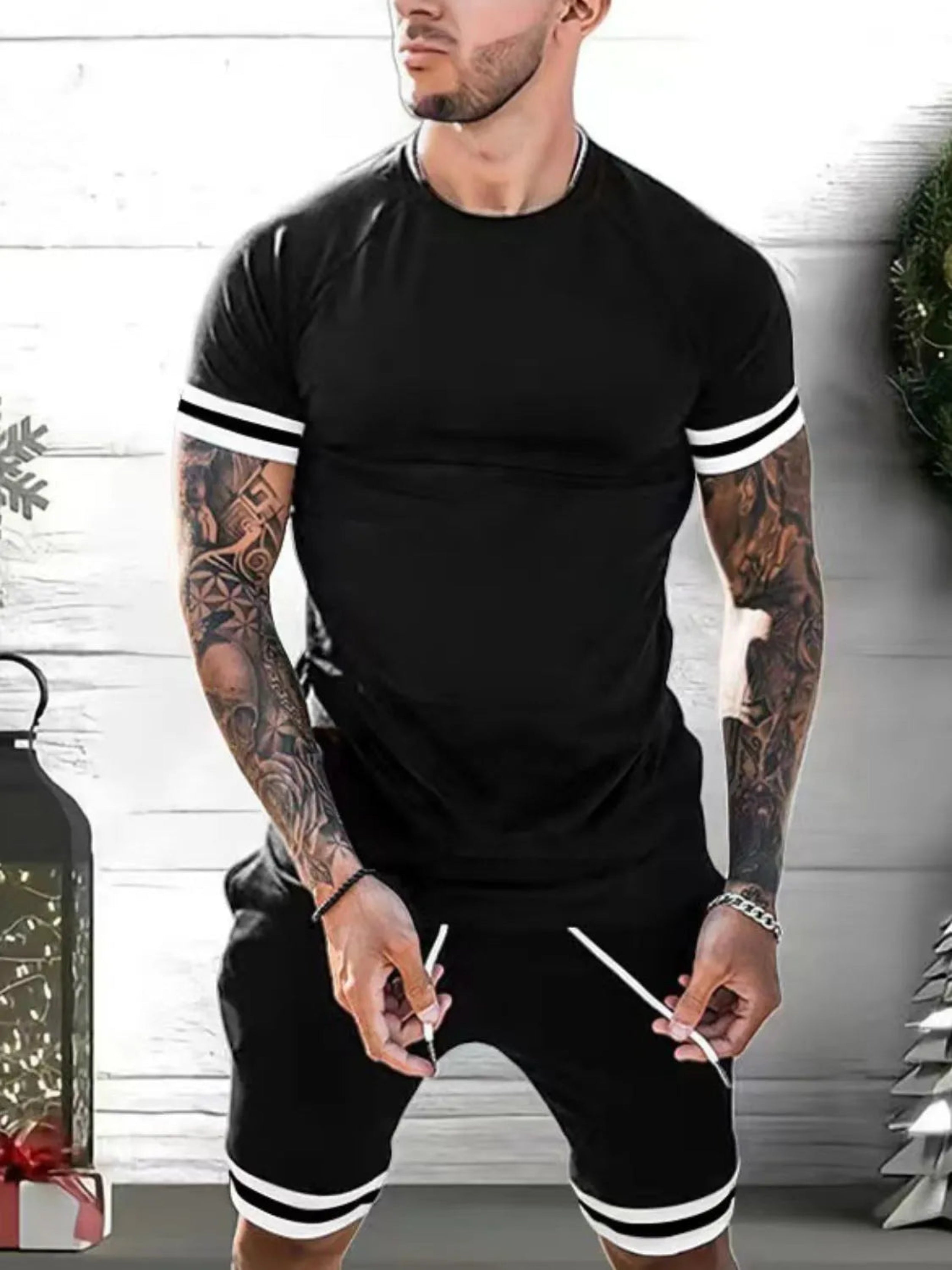 Men's Round Neck Short Sleeve Top and Shorts Set