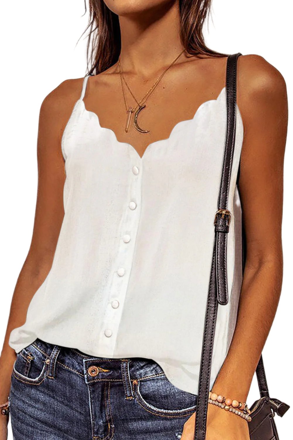 White Spaghetti Straps Buttoned V Neck Vest