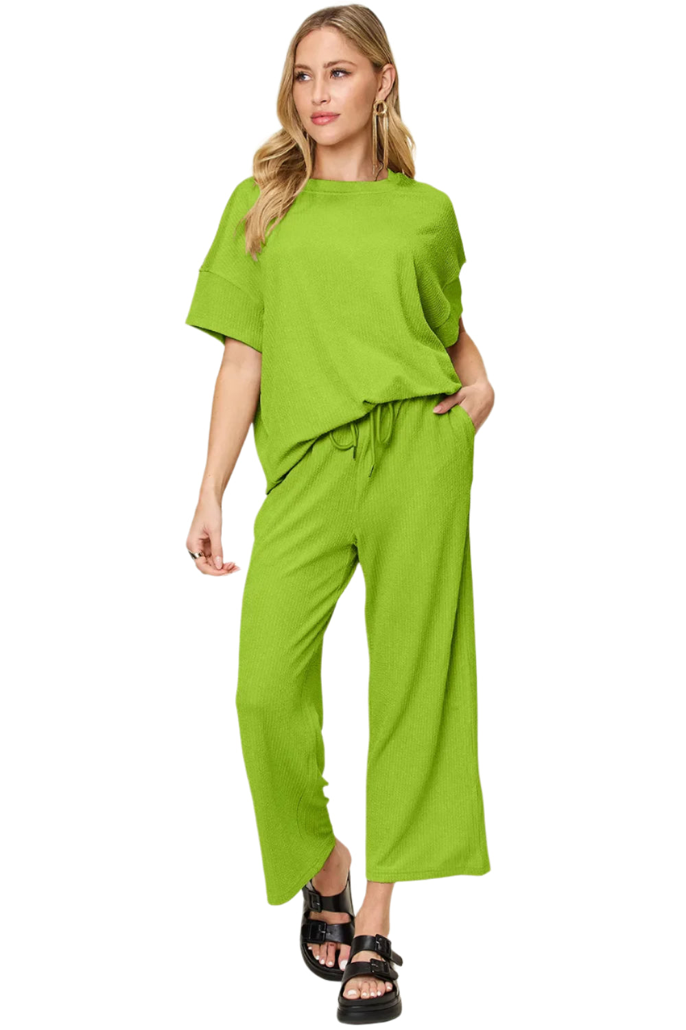 Double Take Full Size Texture Round Neck Short Sleeve T-Shirt and Wide Leg Pants