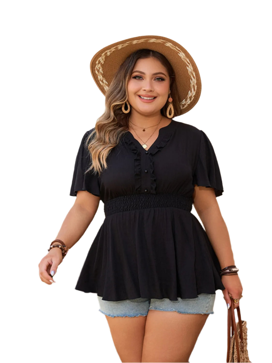 Plus Size Notched Short Sleeve Blouse