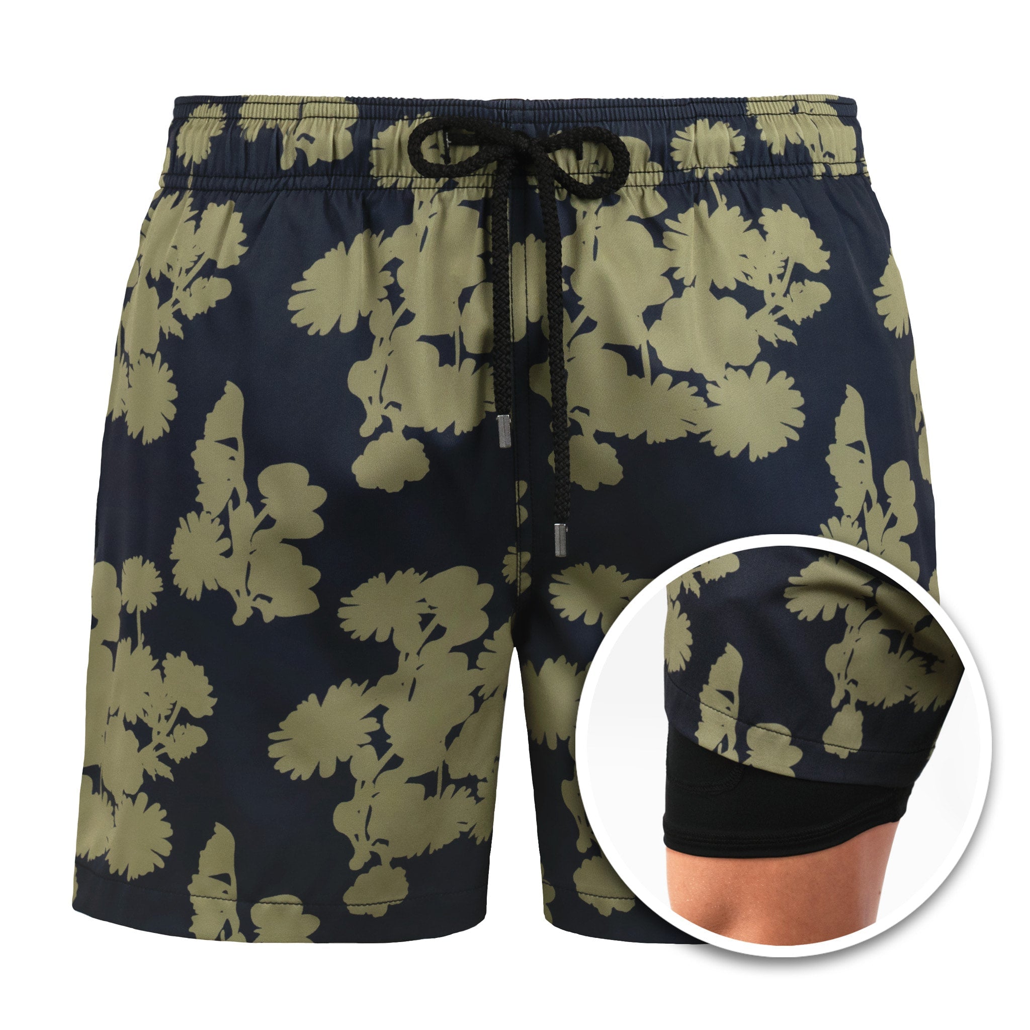 Floral patterned shorts with a close-up inset on a white background