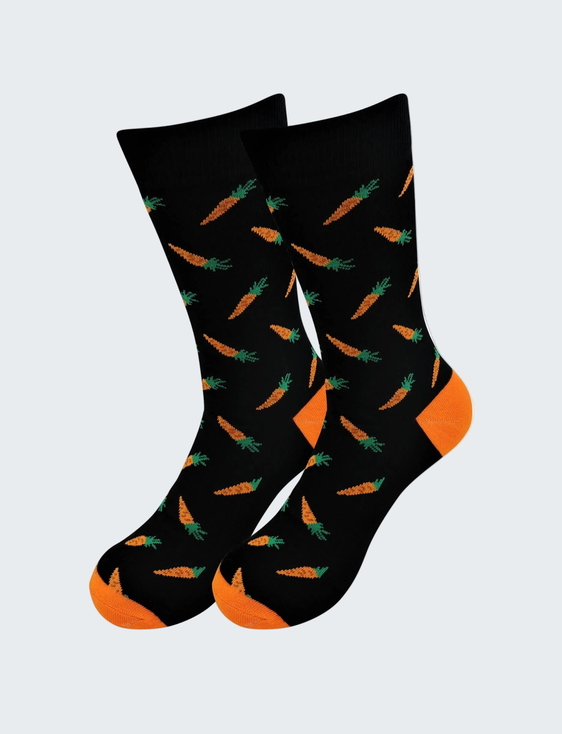 Black socks with carrot pattern on a white background