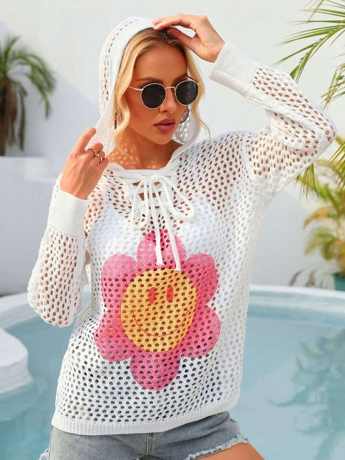 Flower Graphic Lace-Up Openwork Hooded Cover Up - Sun of the Beach Boutique
