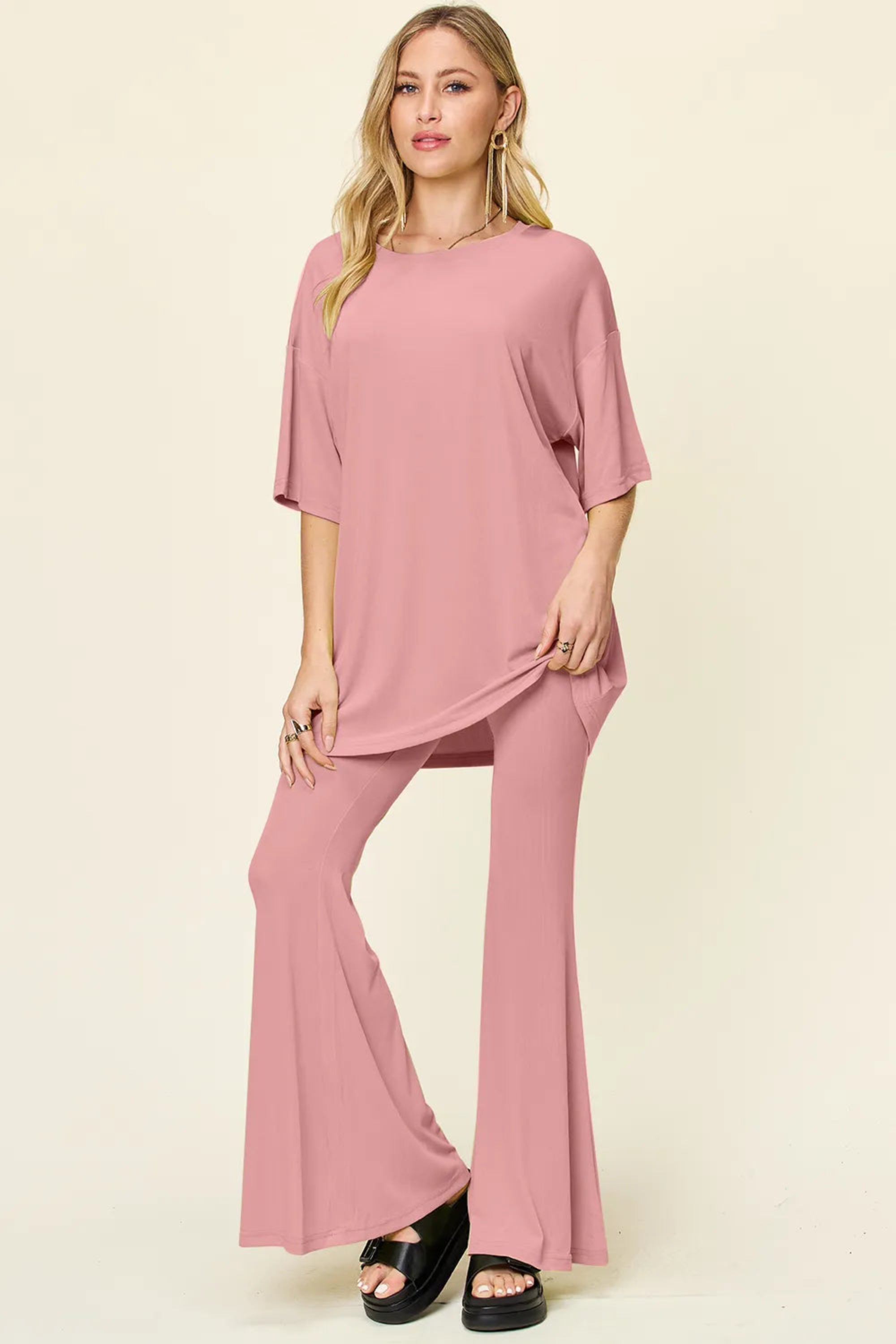 Double Take Full Size Round Neck Drop Shoulder T-Shirt and Flare Pants Set