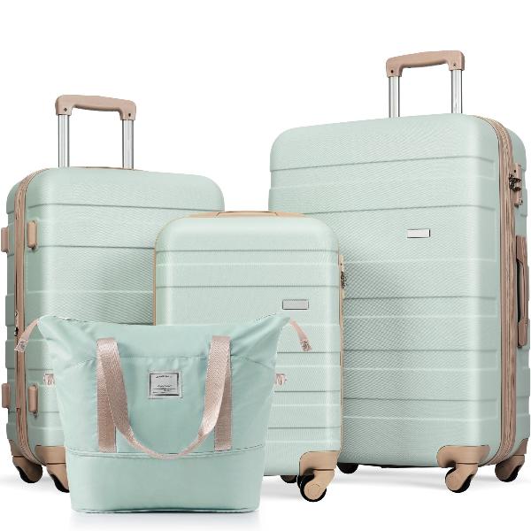 Green Four Piece Expandable ABS Durable Suitcase with Travel Bag