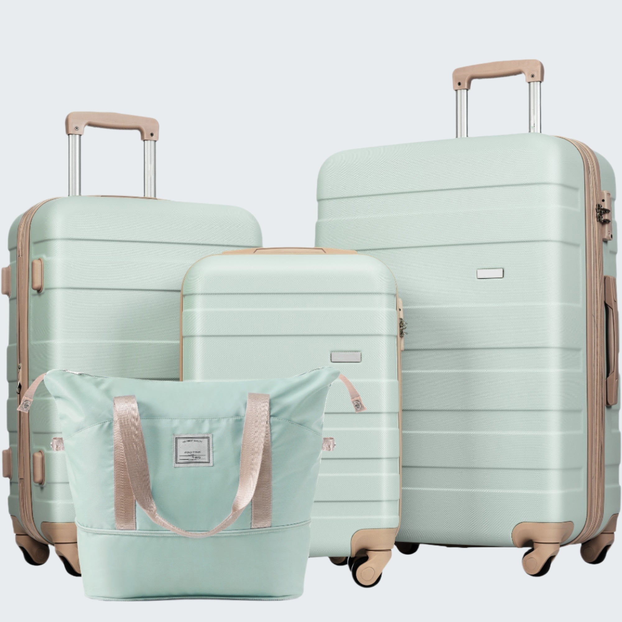 A set of four grey green expandable ABS luggage suitcases with 360° spinner wheels, including a carry-on size and three larger sizes, accompanied by a matching travel bag.