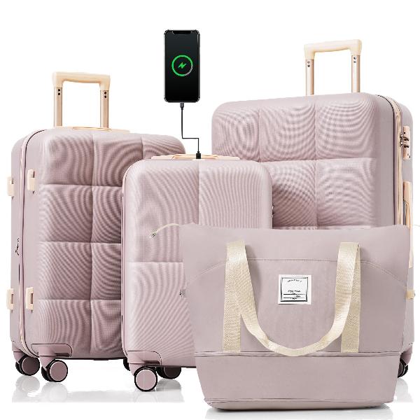 Four Piece with USB Port and Expandable ABS Durable Luggage Set