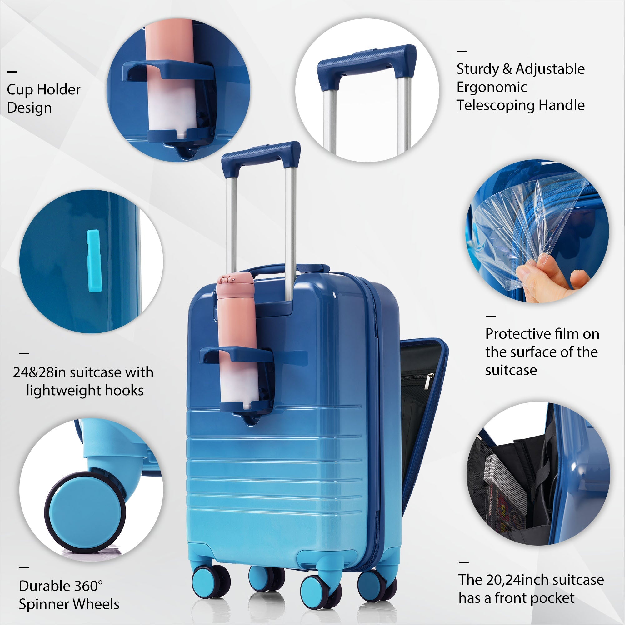 Blue Set of Four with USB Port with Open Front and Travel Bag